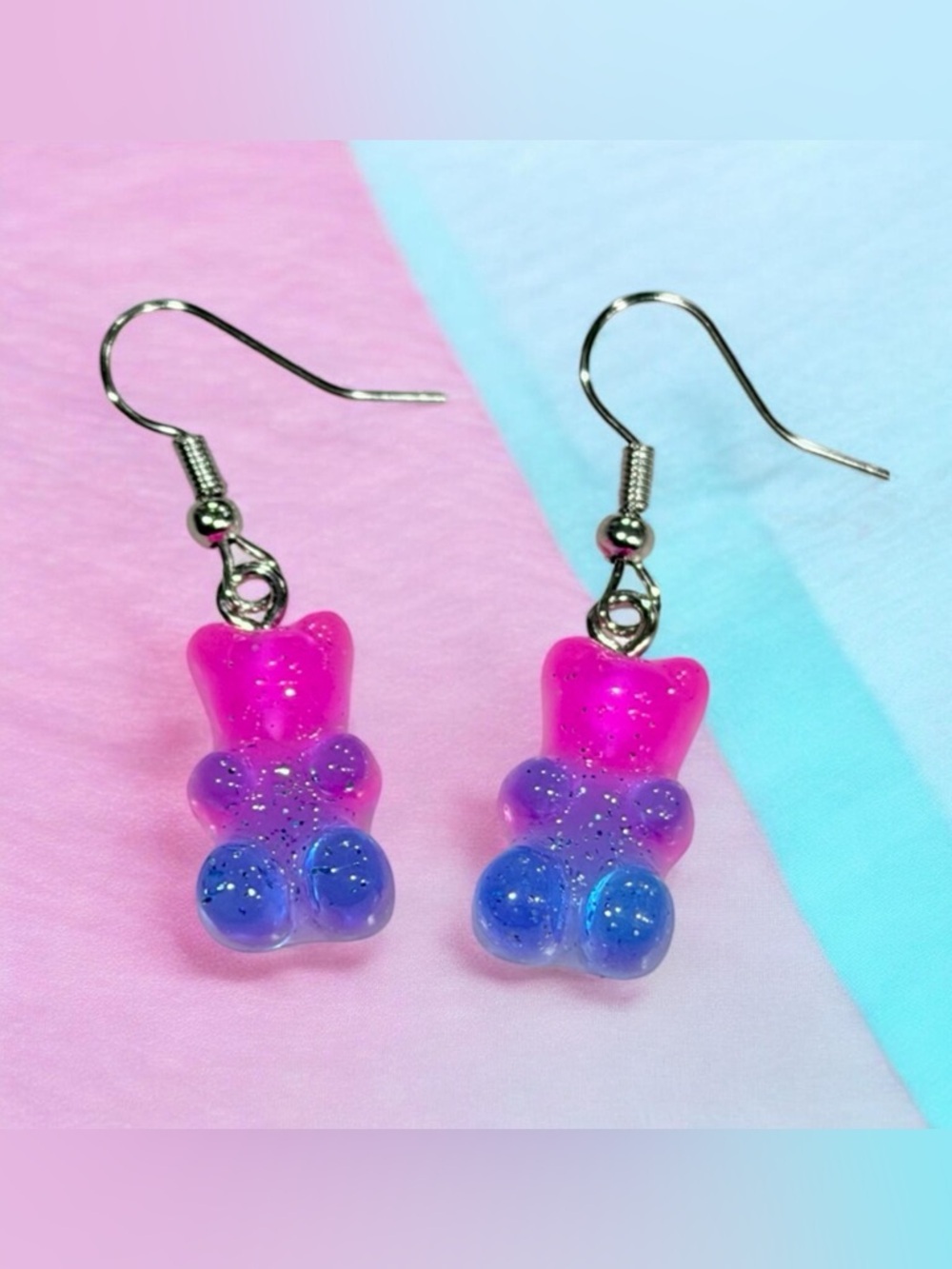 Vibrant Ombre Gummy Bear Earrings Pink Blue Glitter Kawaii Candy Resin Earrings